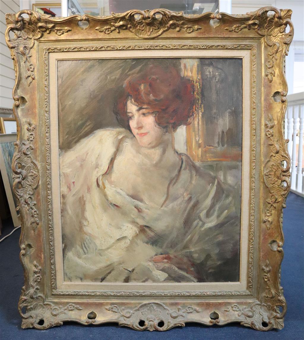 Albert de Belleroche (1864-1944) Portrait of an auburn haired woman 31 x 25in.